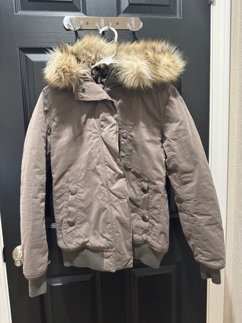 Roxy Taupe Bomber Jacket with Faux Fur Trim Hood